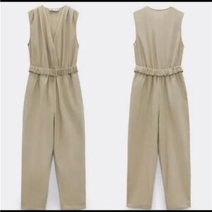Zara Pants & Jumpsuits New Zara Textured Linen Blend V-Neck Sleeveless Belted